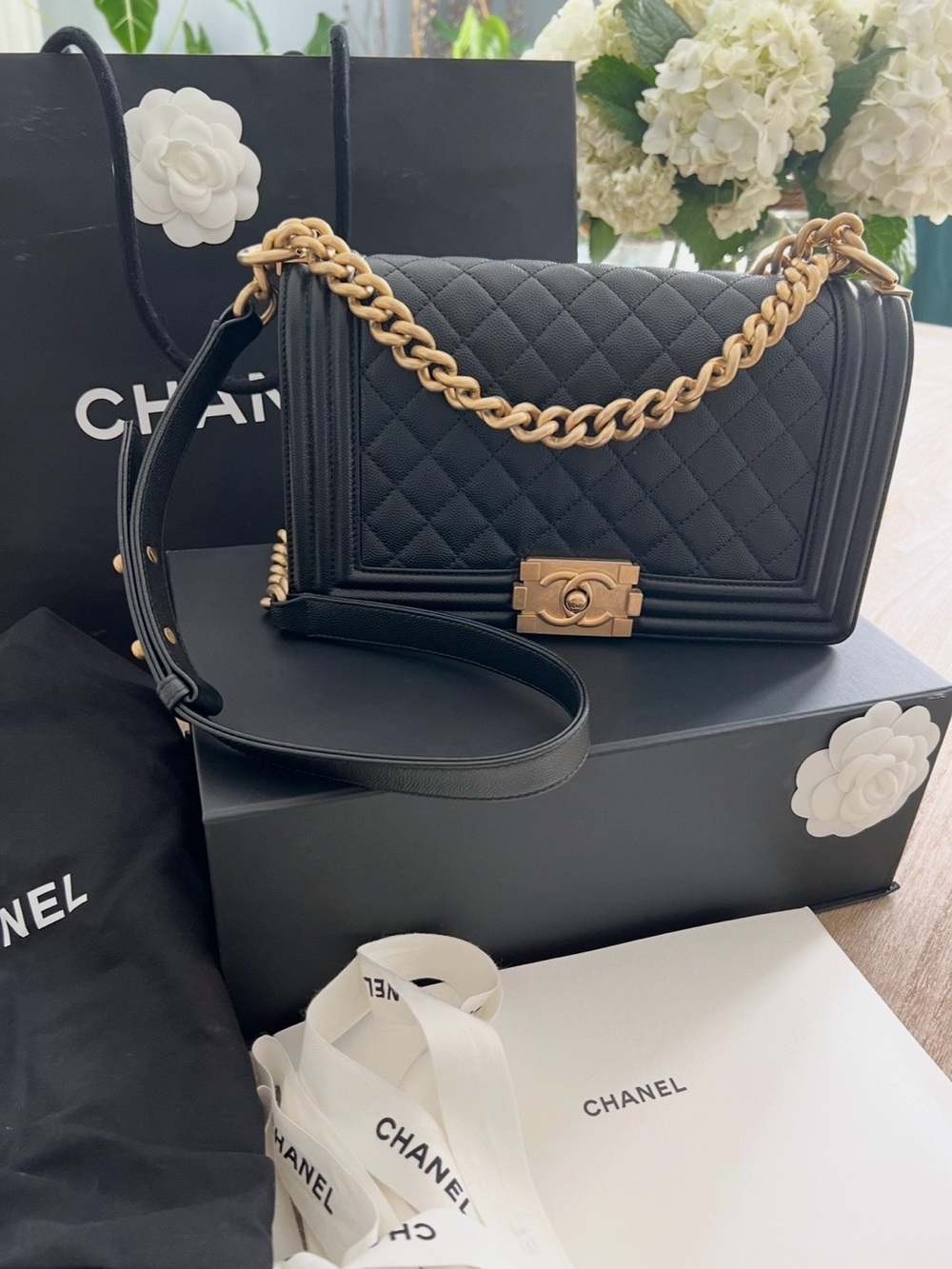 CHANEL Black Quilted Leather Boy Bag with Gold Hardware FULL SET